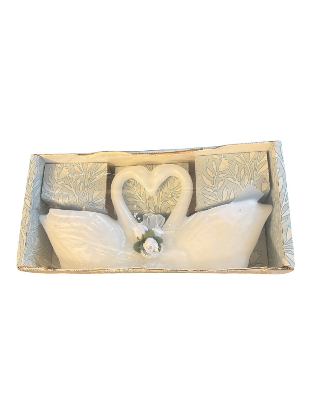 Waccents White Double Swan Candle with roses and beading- NIB